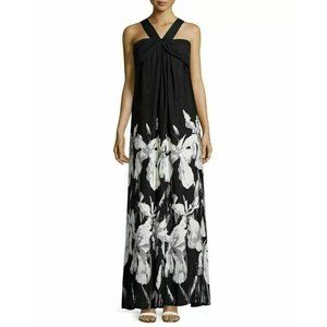 Halston Heritage Halter Maxi Dress Floral Black Ivory 0